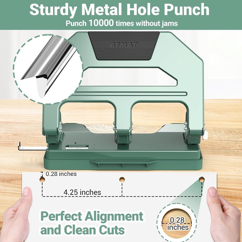 AFMAT Heavy Duty 3 Hole Puncher, 40-Sheet Three Hole Punch Heavy Duty, 50% Reduced Effort Paper Punch, 10K+ Uses, Metal Hole Puncher 3 Ring w/Large Tray, Bulit-in S.S. Paper Guide HPX2(Green) - Image 4